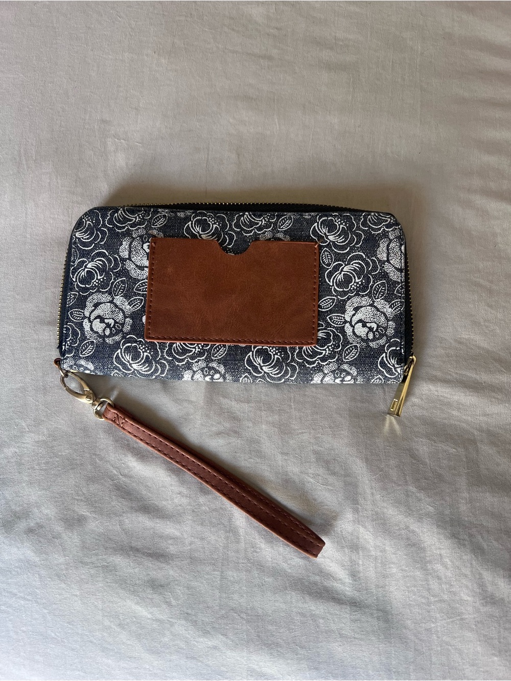 Target Navy Floral Wristlet with Brown Leather Accent